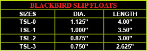 blackbird slip float sizes